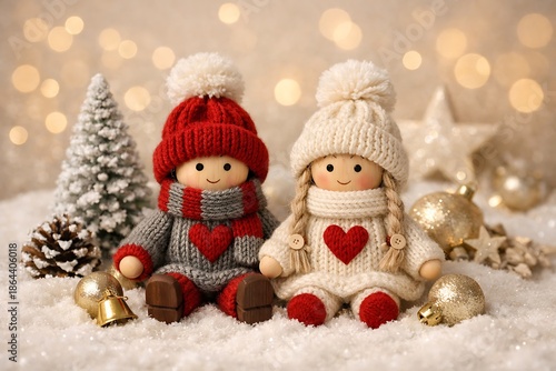Wallpaper Mural Romantic Christmas winter toy doll couple sitting in snow with festive decorations Torontodigital.ca
