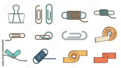 Various office supplies including binder clip, paperclip, and coiled wire displayed in grid arrangement a01.eps style