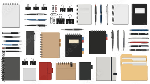 Collection of assorted stationery items including notebooks, pens, pencils, and paper clips displayed on a clean white background in a17.eps vector format