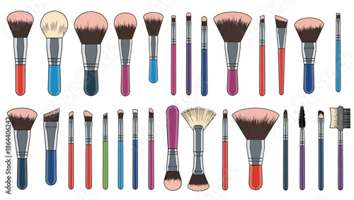 Assorted makeup brushes arranged neatly on a flat surface from a top-down viewpoint