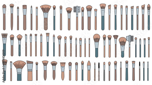 Collection of various makeup brushes in different shapes and sizes arranged neatly on a white background resembling a23.eps file format