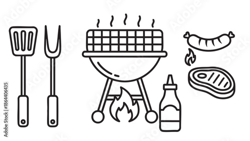Set of cooking utensils and ingredients for grilling isolated on transparent background