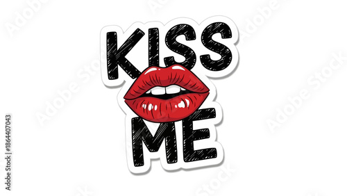 Illustration of red lips with bold 'KISS ME' text on white background, vector graphic design for romance, b06.eps inspired artwork