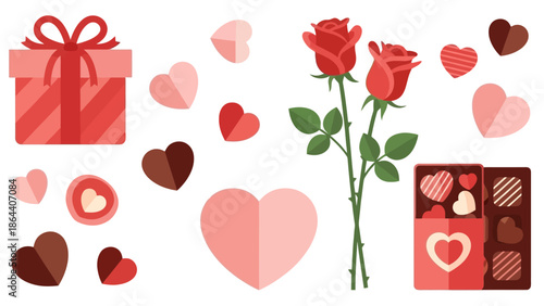 Romantic Valentine's Day Illustration Featuring Roses, Chocolates, and Gift Box