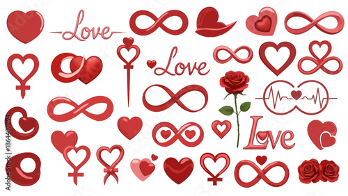 Illustration of various red symbols and icons representing love on a white background referenced in b10.eps
