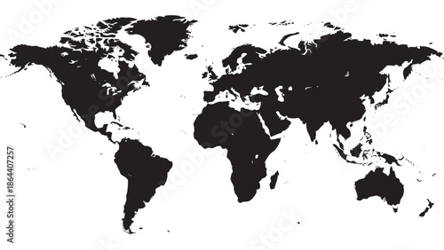 Silhouette map of world continents isolated on transparent background