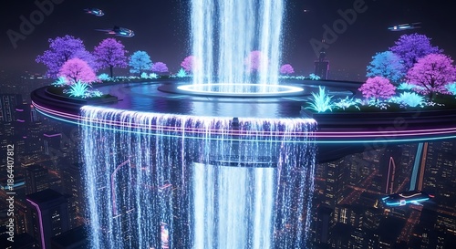 Futuristic city scene with a floating platform featuring a glowing waterfall, vibrant trees, and flying vehicles at dusk