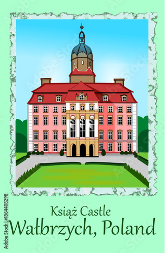 CIMAHI, INDONESIA-January 03, 2025-Ksiaz Castle from Wałbrzych, Poland. Vector graphic design cartoon building illustration for poster, banner, travel card, and other.