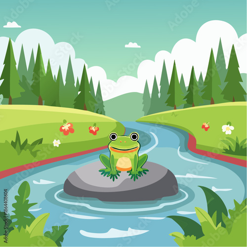 An illustration of a cartoon frog sitting on a rock in a river. The scene is bright and cheerful, with a natural landscape background