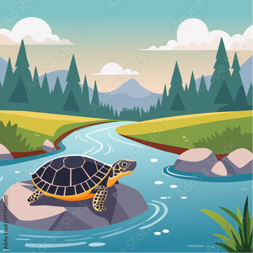 A Turtle Sunbathing on Rock Near a River