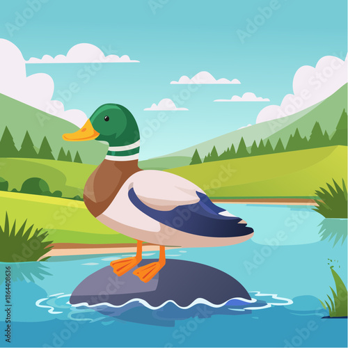 A delightful illustration of a charming duck gracefully perched on a rock by the water's edge, embraced by a picturesque landscape