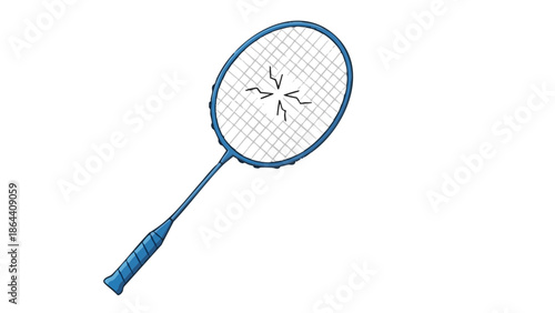 Broken badminton racket with blue handle and damaged string  