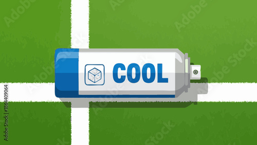 Cooling spray can on sports field background for athletic use  