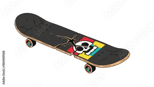 Cracked skateboard deck with skull design in colorful style  