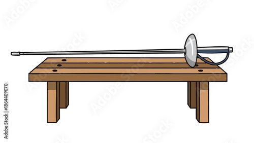 Fencing foil placed on wooden bench in a minimalist style  