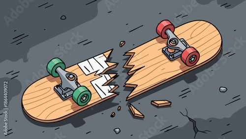 Broken skateboard lying on cracked asphalt ground representing Sport  