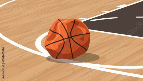 Deflated basketball resting on wooden court during a game  