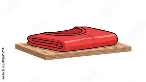 Folded red singlet on wooden shelf in minimal style  