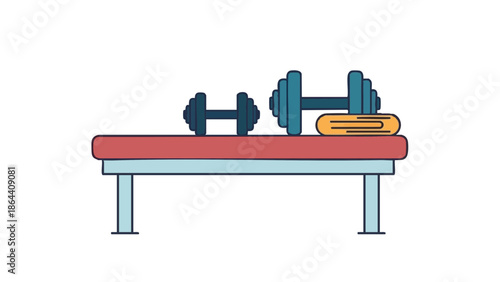 Dumbbells on bench near towel in gym setting for sport activities  
