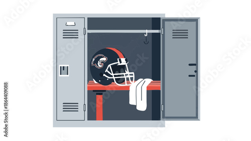 Football helmet resting in locker with towel and sports gear  