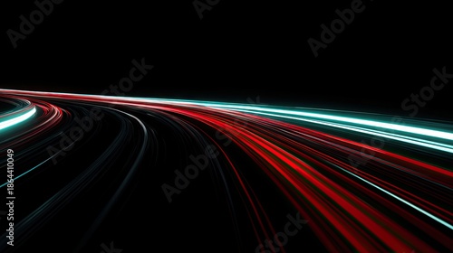 an artistic representation of motion blur and traffic flow, with a red tinted light trail suggesting speed and movement, overlaid onto a black background that could imply nighttime