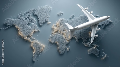 an artistic representation of global air travel. it features a map of the world with flight paths represented by what appears to be stars, symbolizing the connectivity of global aviation routes