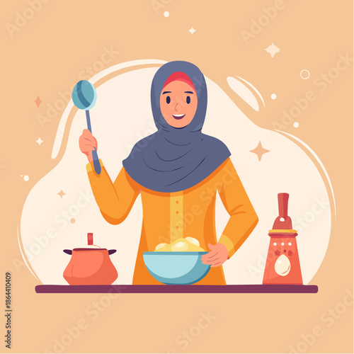 Woman in Hijab Cooking with Utensils.