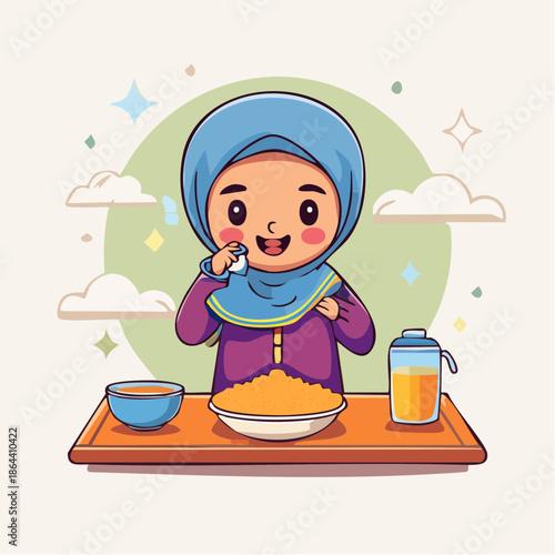 Woman Eating Cereal with Milk and Juice.