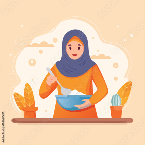 Woman in Hijab Cooking with Utensils.