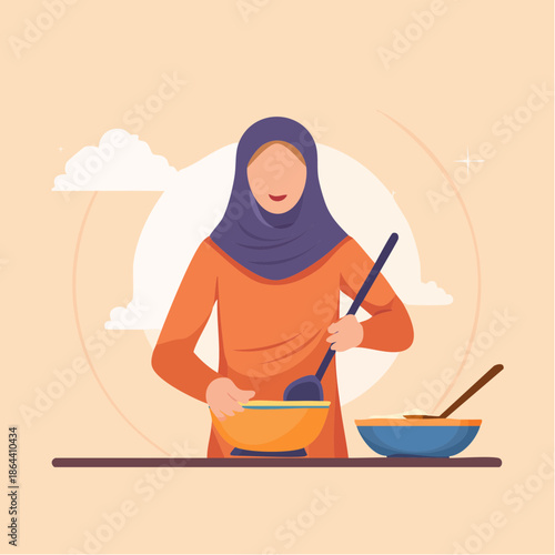 Woman Wearing Hijab Cooking in Kitchen.