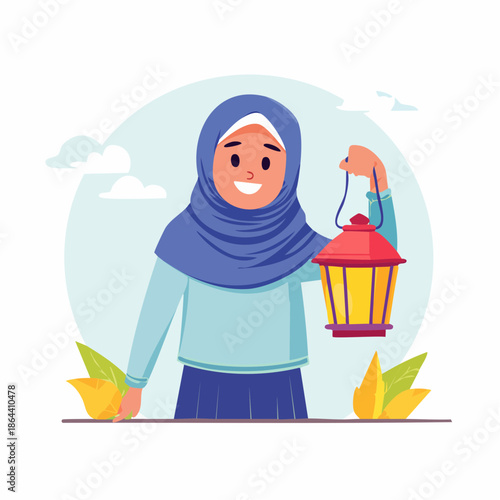 Woman Wearing Hijab Holding Lantern Illustration.