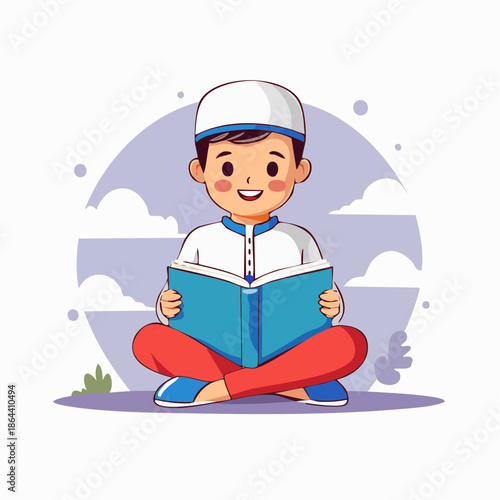 Young Boy Reading a Book Sitting.
