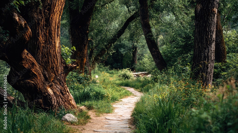 Obraz premium a serene pathway through a lush green forest with tall trees surrounding it. a dirt trail invites one to explore further into the woods