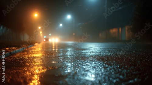 a rainy night scene with a wet street reflecting the ambient light. a person appears to be crossing the road, silhouetted against the darkness. the sky is overcast and dark, indicating heavy rainfall