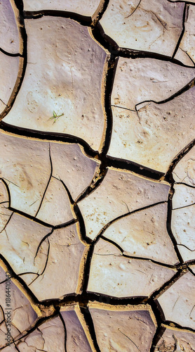Dry clay surface with natural cracks forming abstract geometric texture pattern