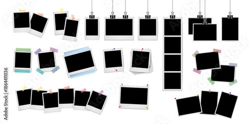 Polaroid Photo Frame Collection – Realistic Instant Film Mockups with Clips, Tape and Pins, Blank Photo Templates Set, Vintage Photography Vector Illustration Isolated on White Background