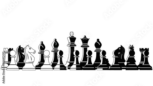 Black and White Chess Pieces Set Featuring Kings Queens Knights Rooks and Pawns on a Horizontal