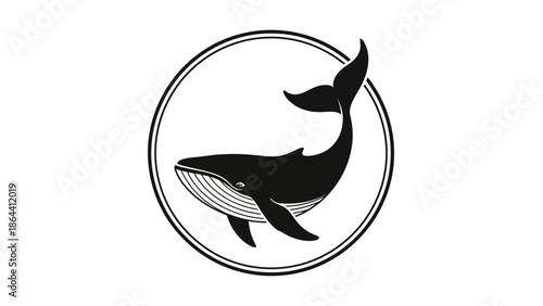 Minimalist black and white illustration of a whale within concentric circles emphasizing marine life