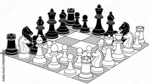 Strategic chess game setup with diverse pieces on a classic board ready for play