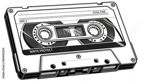 classic analog audio cassette tape with detailed labeling and mechanical components for music and