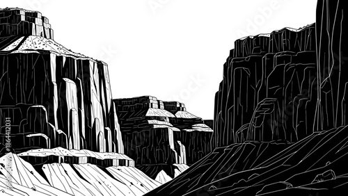 Black and White Digital Illustration of Towering Canyon Cliffs and Rocky Escarpments
