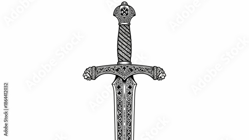 Intricate Black and White Sword Illustration with Detailed Patterns and Ornamentation