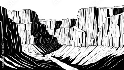 Stylized Black and White Illustration of Majestic Canyon Landscape with Overhanging Cliffs and