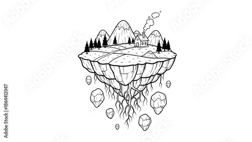 Floating Island with Mountainous Terrain and Cabin Surrounded by Tall Trees