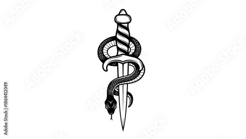 Illustration of a Medical Staff Symbol with a Serpent Encircling a Staff and a Dagger at the Center