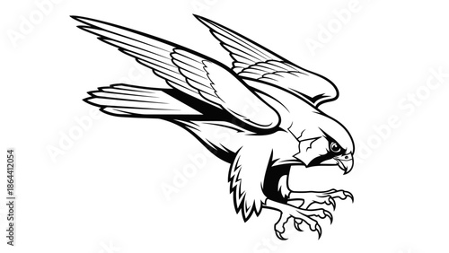 Dynamic black and white illustration of a fierce falcon in mid-flight with sharp feathers and