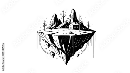 Minimalist monochrome floating island with mountains chaos and lone house surrounded by barren