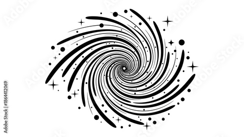 Dynamic black and white spiral galaxy vortex with sparkling stars and cosmic trails
