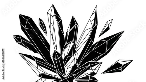Abstract black and white crystalline geometric shapes with sharp edges and faceted surfaces