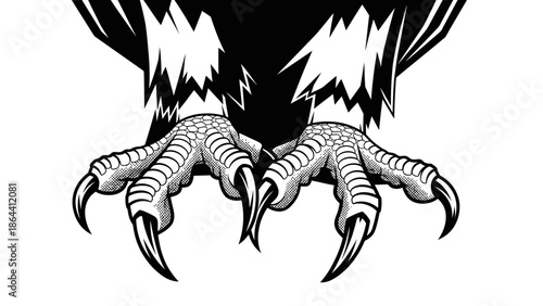 Stylized monochrome illustration of an eagle's talon featuring detailed claws and feathers